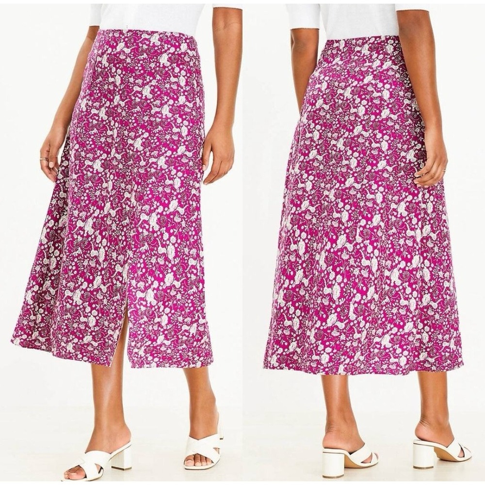 LOFT Floral Linen Blend Midi‎ Skirt Side Slit A Line Purple Size 10 NWT Boho